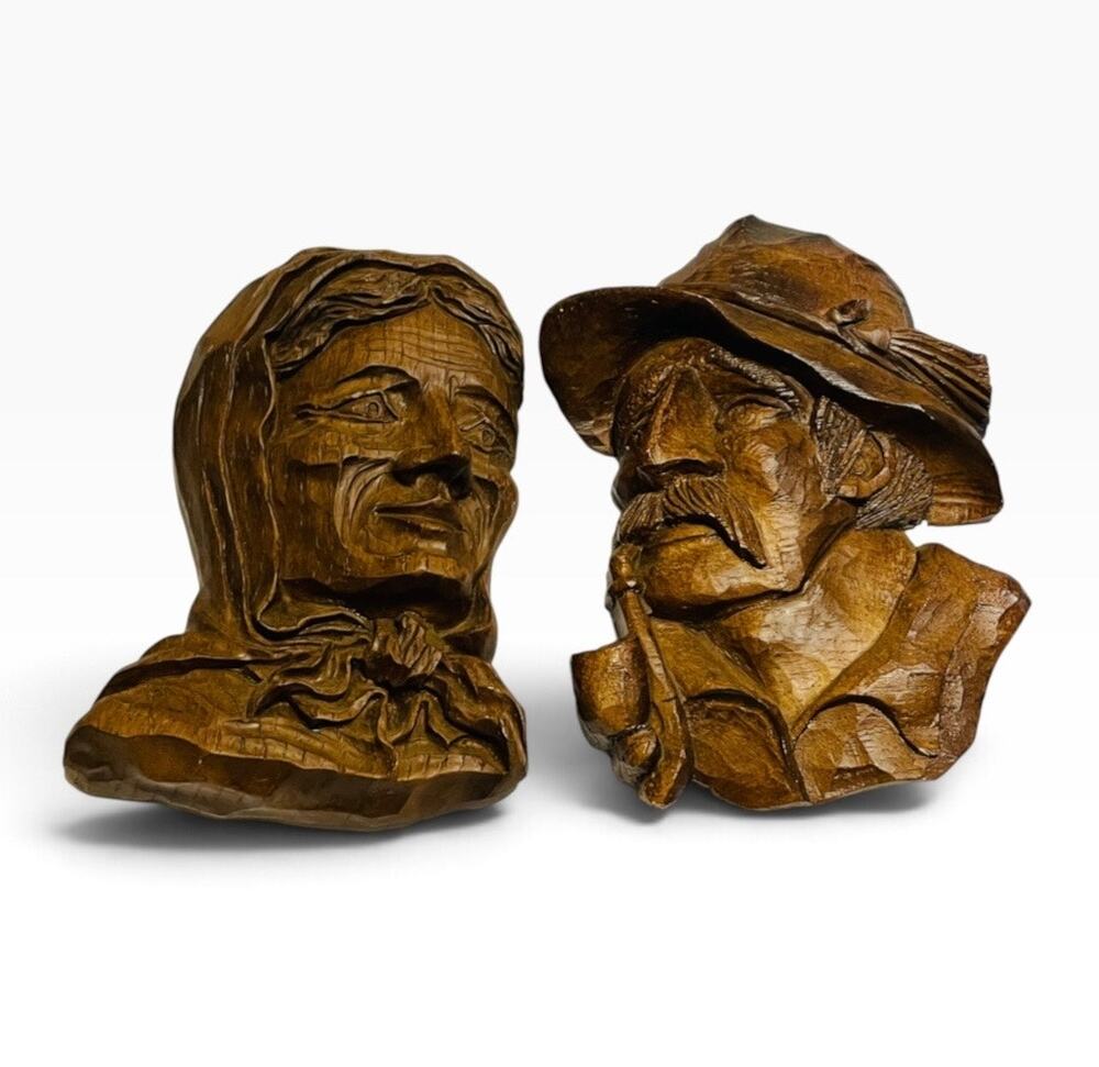 Vintage SIC French Hand-Carved Wood Plaques Elderly Man & Woman Folk Art Pair